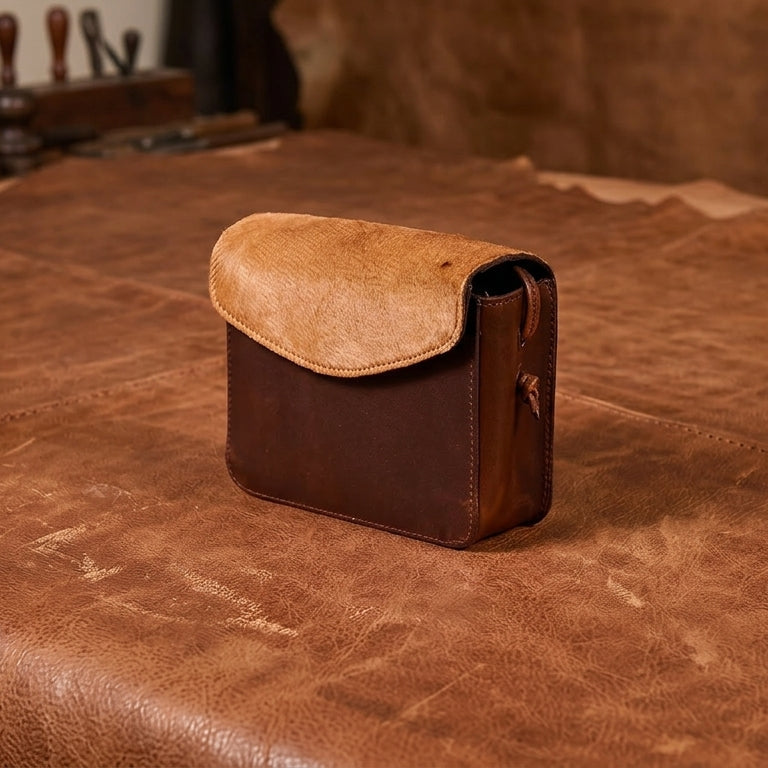 Brown Leather Crossbody Bag with Tan Hairon Flap