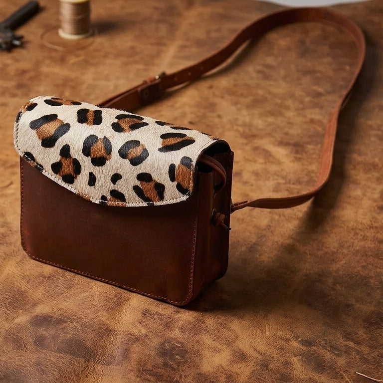 Leopard Print Hair-On Leather Crossbody Bag – Compact & Stylish Everyday Sling