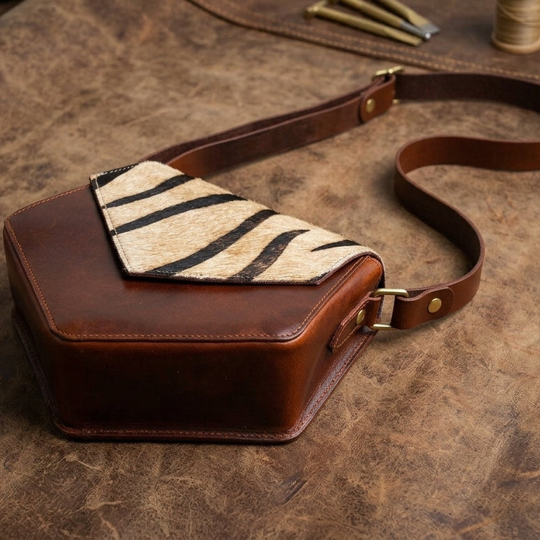 Women's Leather Sling Bag with Zebra Pattern Flap Brown Crossbody Shoulder Bag