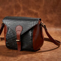 Women Leather Crossbody Sling Bag Black and Brown Croc Texture with Buckle Tab