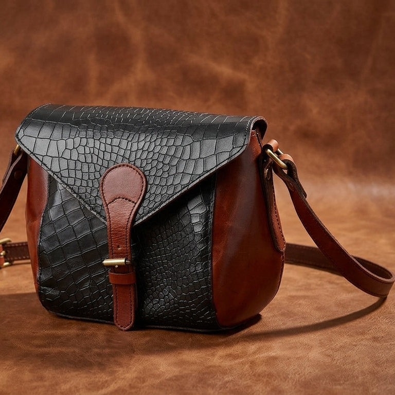 Women Leather Crossbody Sling Bag Black and Brown Croc Texture with Buckle Tab