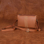 Premium Genuine Leather Studded Wristlet Sling with Dual Zip Compartments for Women