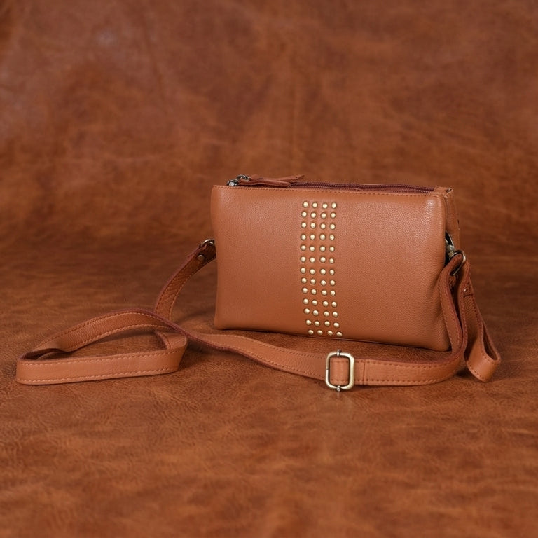 Premium Genuine Leather Studded Wristlet Sling with Dual Zip Compartments for Women