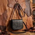 Handcrafted Black Embossed Leather Sling Bag with Magnetic Closure & Adjustable Strap