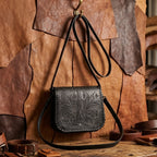 Handcrafted Black Embossed Leather Sling Bag with Magnetic Closure & Adjustable Strap