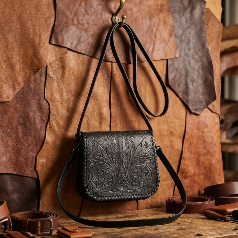 Handcrafted Black Embossed Leather Sling Bag with Magnetic Closure & Adjustable Strap
