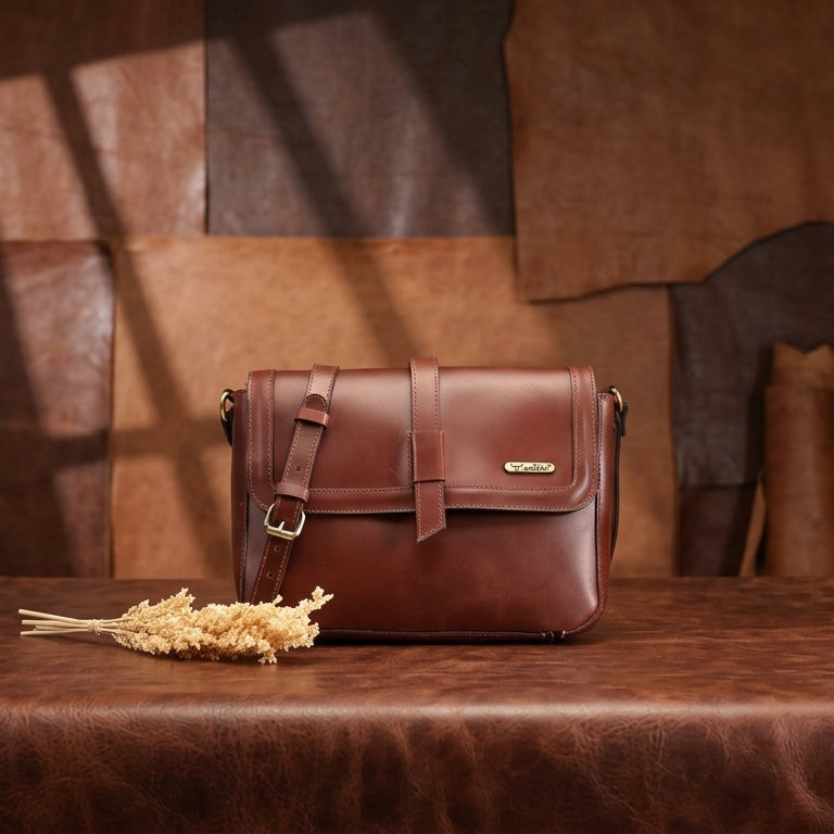 Premium Full-Grain Leather Sling Bag with Flap Closure, & Adjustable Strap