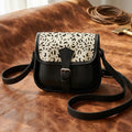 Black Leather Sling Bag with Printed Animal Pattern Flap