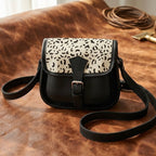 Black Leather Sling Bag with Printed Animal Pattern Flap