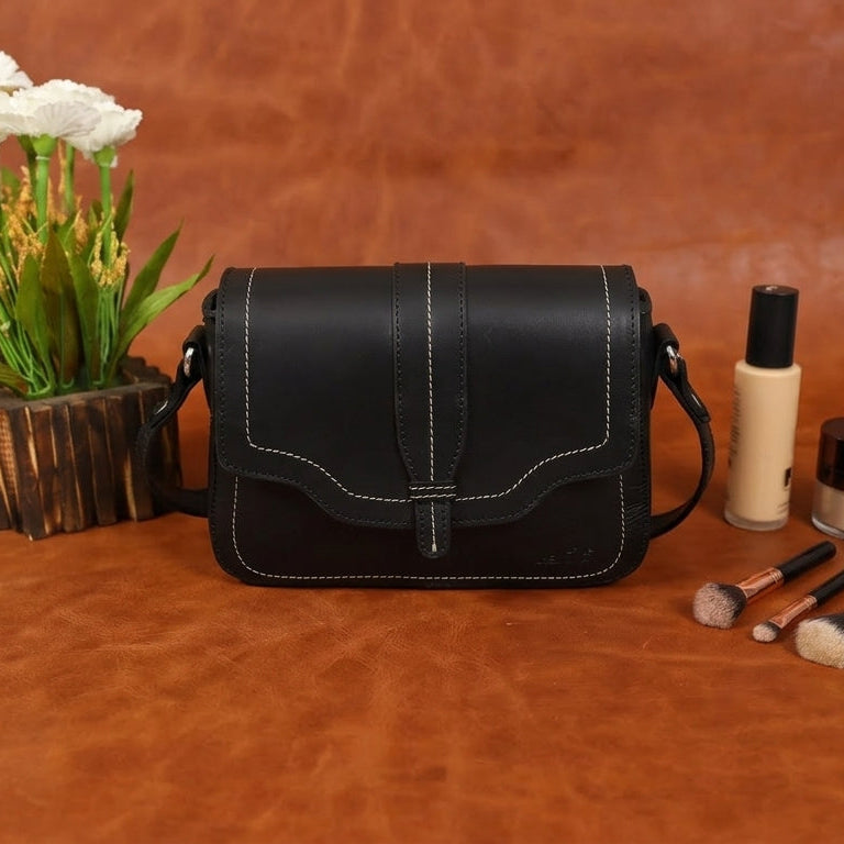 Structured Genuine Leather Crossbody Bag with Front Flap & White Stitch Detailing