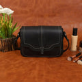 Structured Genuine Leather Crossbody Bag with Front Flap & White Stitch Detailing