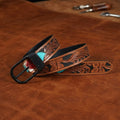 Unisex Genuine Leather Embossed Brown Feather Western Casual Waistbelt Matte Black Buckle