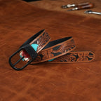 Unisex Genuine Leather Embossed Brown Feather Western Casual Waistbelt Matte Black Buckle