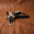 Unisex Genuine Leather Canvas Beige Black Waist Accessory Metal Buckle Casual