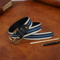 Unisex Genuine Leather Canvas Blue White Striped Waist Accessory Brass Buckle Casual