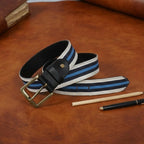 Unisex Genuine Leather Canvas Blue White Striped Waist Accessory Brass Buckle Casual