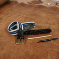Unisex Genuine Leather Floral Embossed Canvas Blue White Waist Accessory Brass Buckle