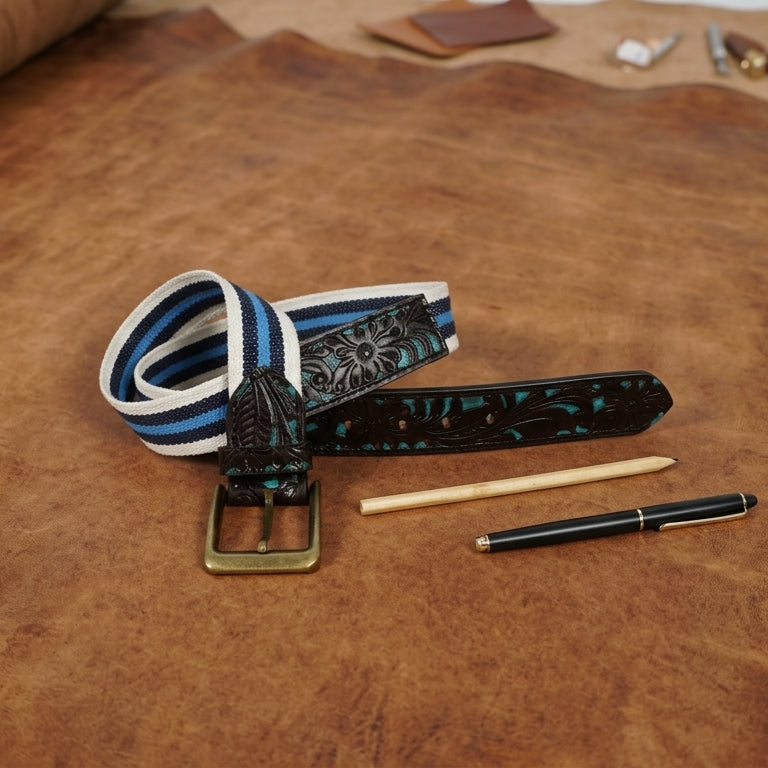 Unisex Genuine Leather Floral Embossed Canvas Blue White Waist Accessory Brass Buckle