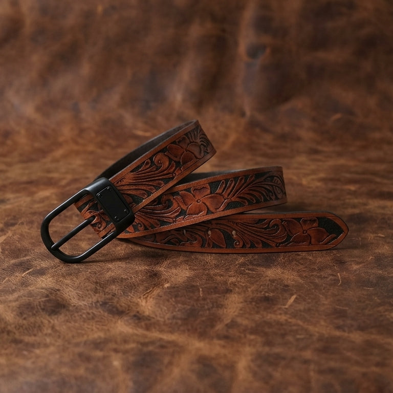Unisex Genuine Leather Brown Floral Tooled Western Waistbelt Matte Black Buckle