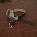 Unisex Genuine Leather Canvas Beige Brown Waist Accessory Metal Buckle Casual