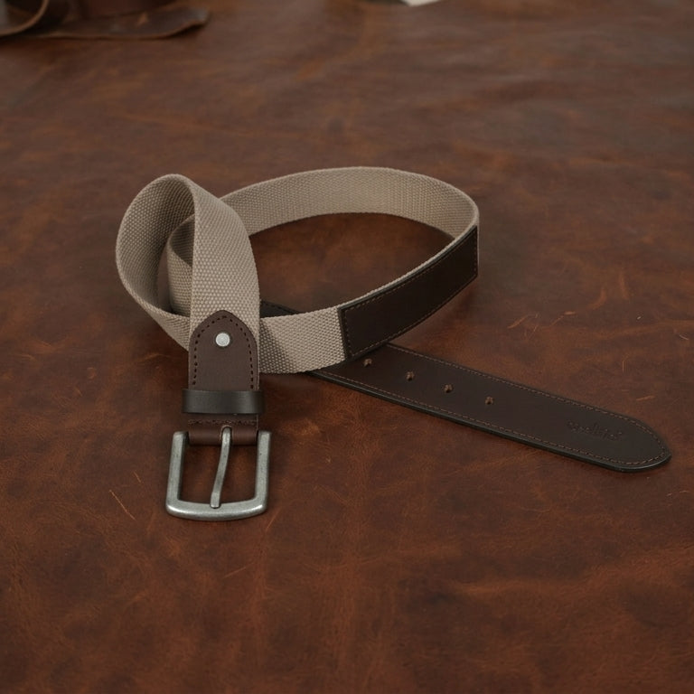 Unisex Genuine Leather Canvas Beige Brown Waist Accessory Metal Buckle Casual