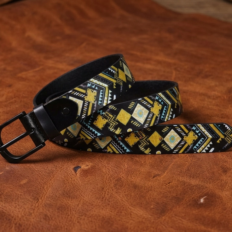 Unisex Genuine Leather Tribal Geometric Yellow Black Waist Accessory Matte Buckle