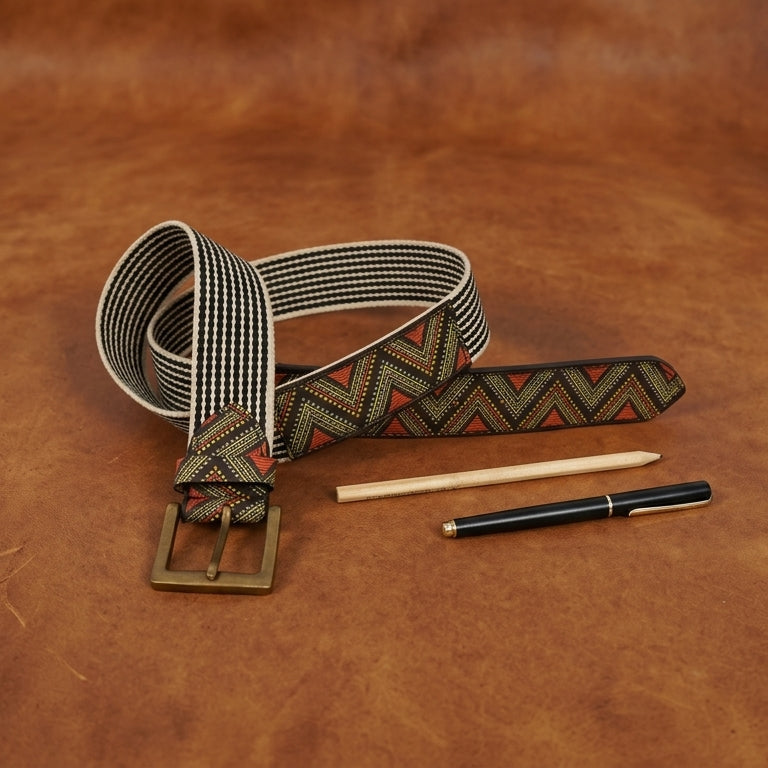 Unisex Genuine Leather Tribal Geometric Elastic Waist Accessory Antique Metal Buckle