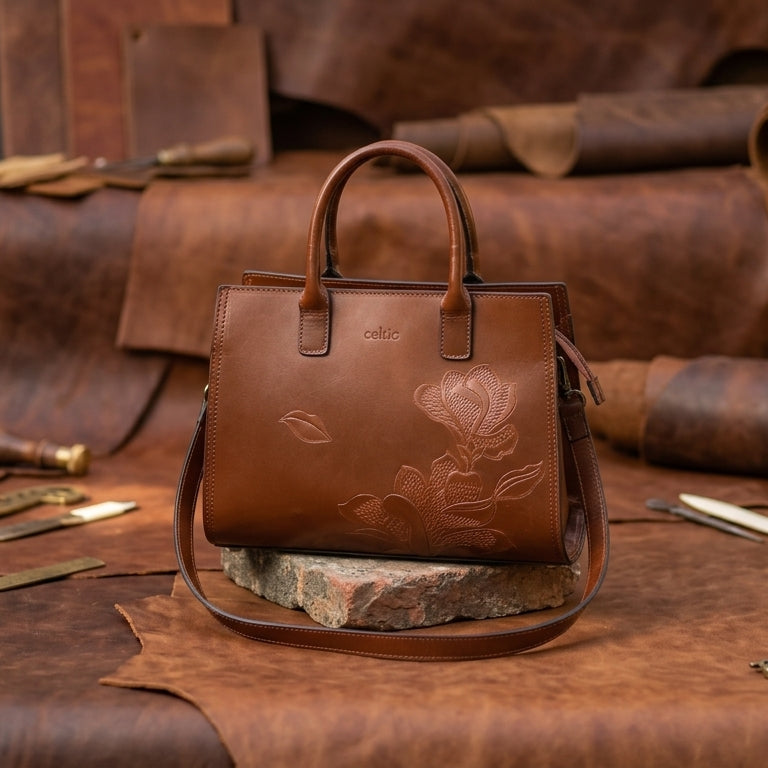 Premium Leather Tote with Floral Embossing, Top Handles, Zip Closure