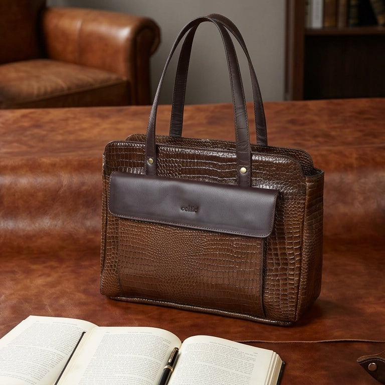 Premium Croc-Embossed Leather Tote Bag with Zip Compartments & Long Shoulder Straps