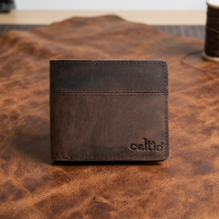 Vintage Brown Genuine Leather Bi-Fold Wallet with Coin Pocket