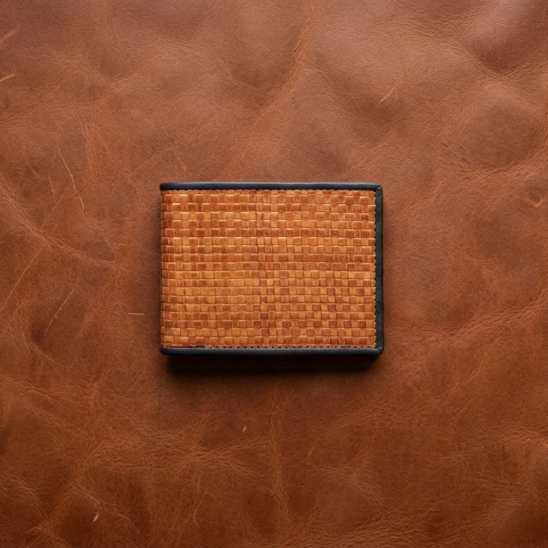 Handwoven Genuine Leather Bi-Fold Wallet – Tan & Black