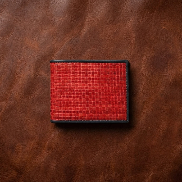Handwoven Genuine Leather Bi-Fold Wallet – Red & Black