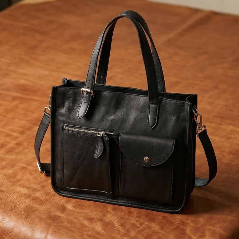 Premium Export Quality Genuine Leather Office Tote Bag with Zip Pockets & Sling Strap