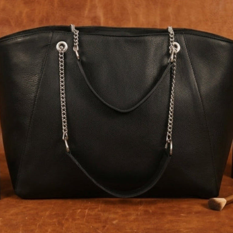 Premium Export Quality Black Leather Tote Bag with Chain Handles & Zip Closure