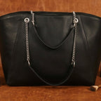 Premium Export Quality Black Leather Tote Bag with Chain Handles & Zip Closure
