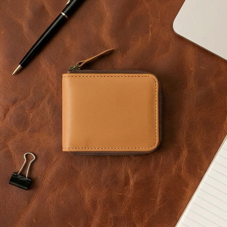 Genuine Leather Zip-Around Compact Wallet – Tan