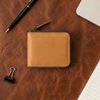 Genuine Leather Zip-Around Compact Wallet – Tan