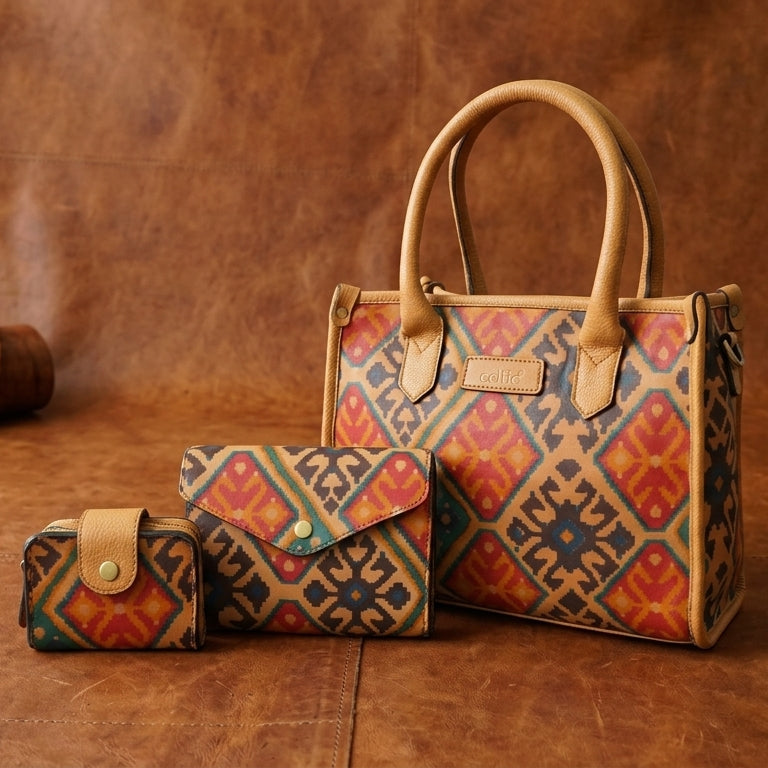Premium Leather Ethnic 3-Piece Bag Set | Tote, Sling & Clutch