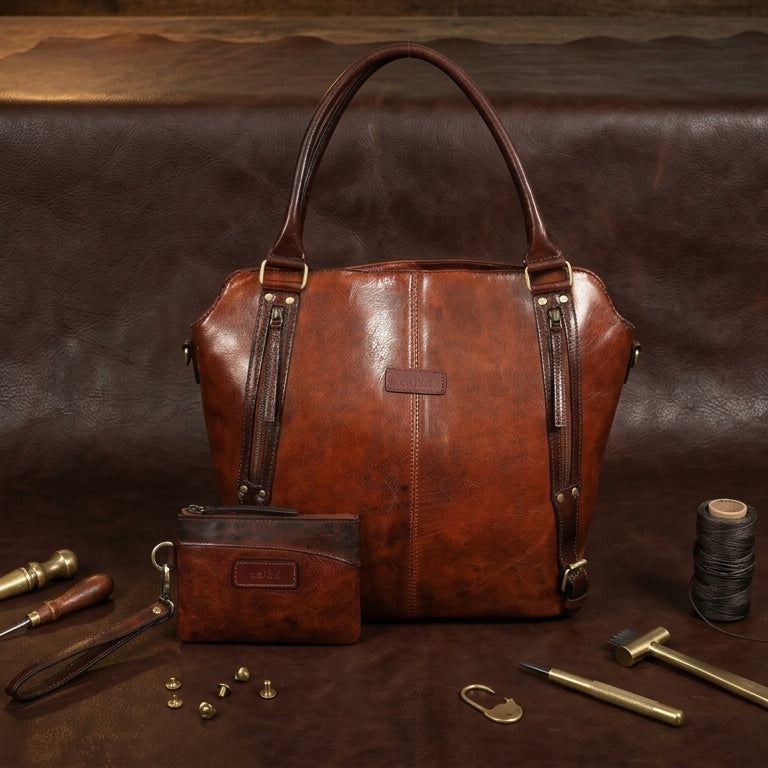 Genuine Leather vintage Brown Tote & Wristlet Combo- Premium set For women