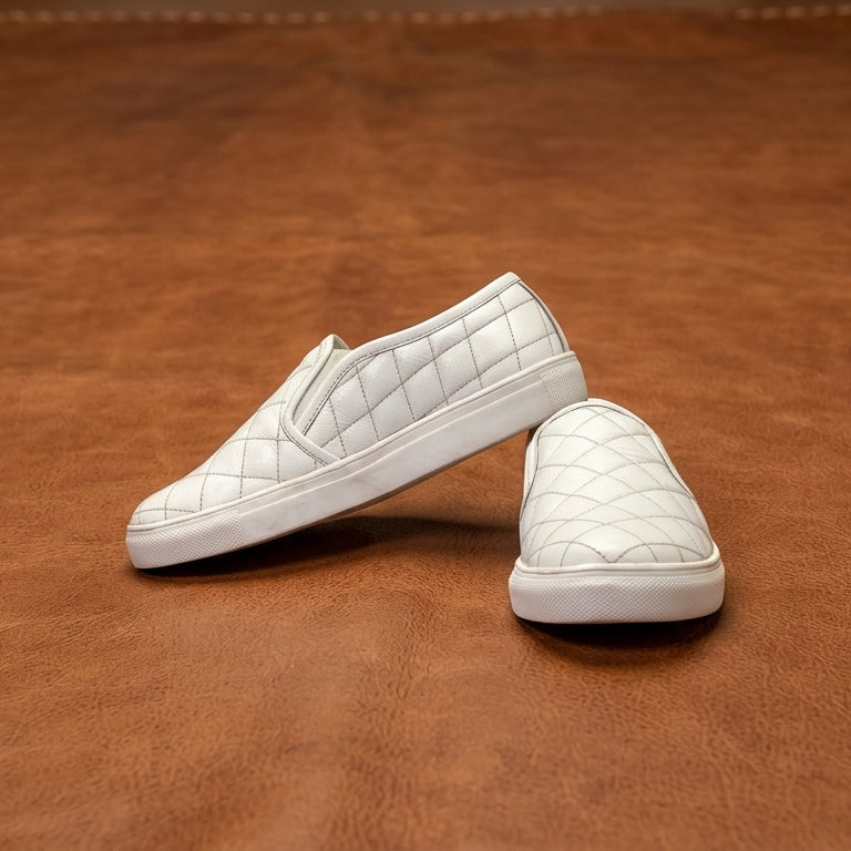 Men's Quilted Genuine Leather Slip-On Sneakers White Casual Comfort Shoes