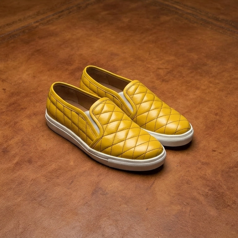 Mens Quilted Genuine Leather Slip-On Sneakers Mustard Yellow Casual Shoes