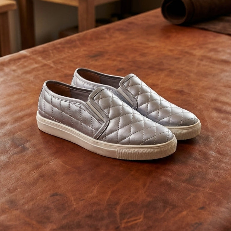 Mens Quilted Genuine Leather Slip-On Sneakers Metallic Silver Casual Shoes