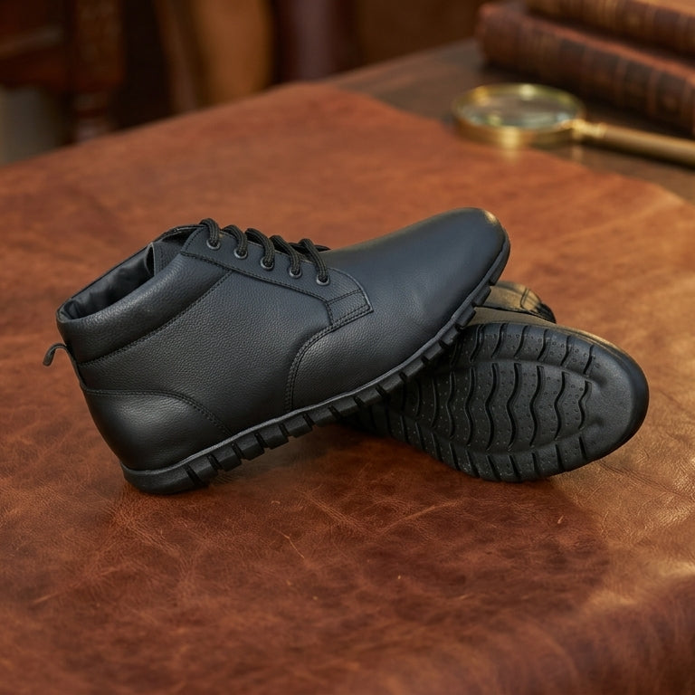 Men’s Genuine Leather Ankle Boots – Black Lace-Up Comfort Shoes