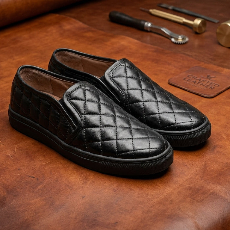 Mens Quilted Genuine Leather Slip-On Sneakers Black Casual Comfort Shoes