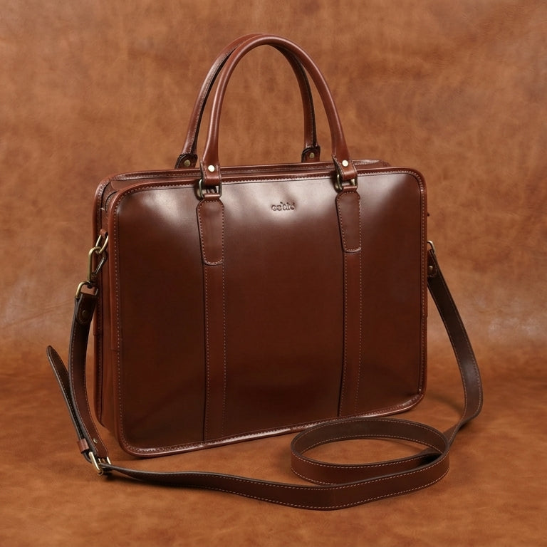 Premium Full-Grain Leather Laptop Briefcase with Zip Closure & Detachable Shoulder Strap