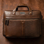 Premium Croc-Embossed Leather Office Laptop Bag with Multiple Zip Pockets & Strap