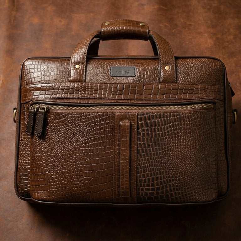 Premium Croc-Embossed Leather Office Laptop Bag with Multiple Zip Pockets & Strap