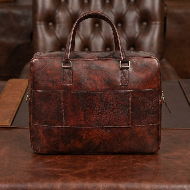 Premium Full Grain Leather Office Briefcase Laptop Bag with Zipper & Shoulder Strap