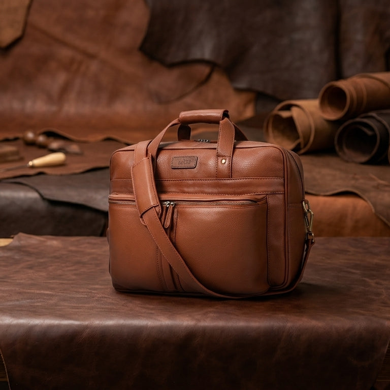 Premium Genuine Leather Office Laptop Bag with Multiple Zip Pockets & Detachable Strap