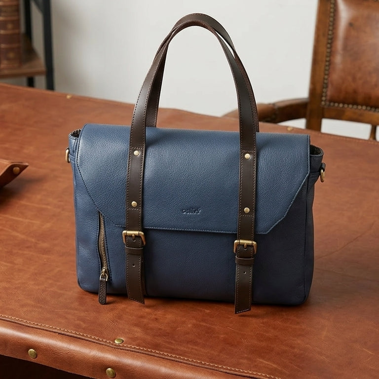 Genuine Leather Office Satchel Bag with Laptop Sleeve & Adjustable Strap